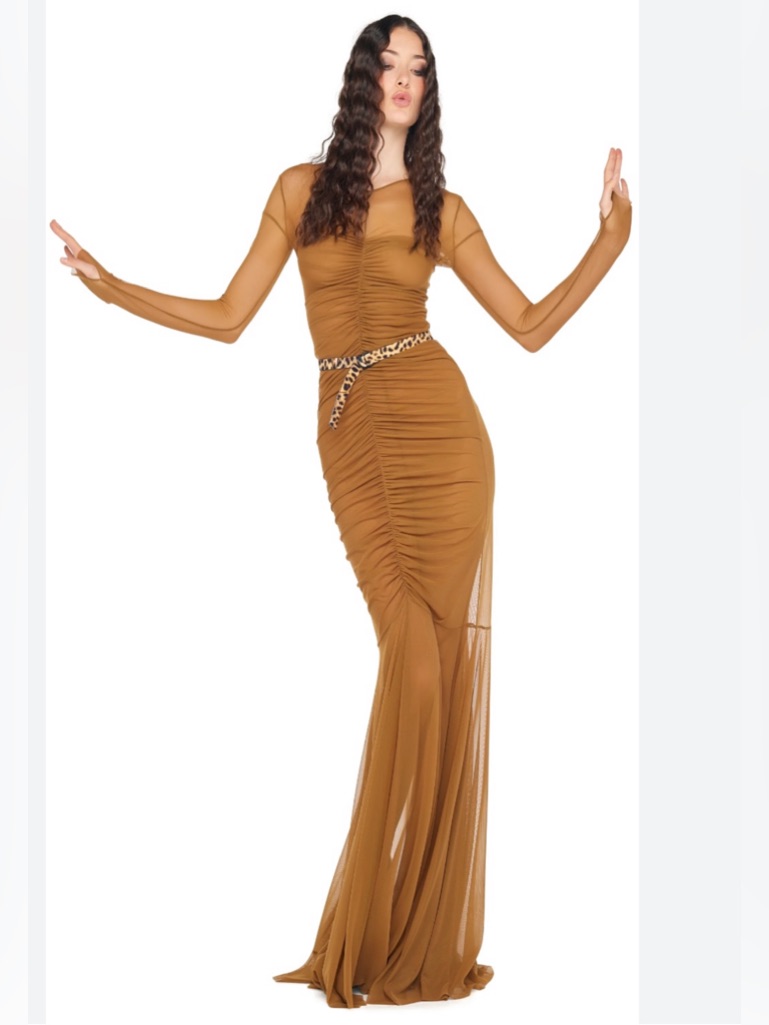 Norma Kamali 2026 Bronze Mesh Fishtail Gown. Size Xs Nwt’s